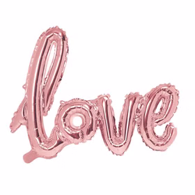 Roségoldfarbener Folienballon in Form des Schriftzuges „love“ mit glänzender Metallic-Oberfläche.