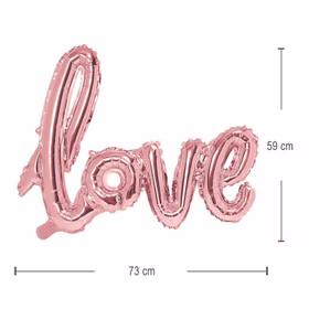 Maßdarstellung des roségoldenen Love-Folienballons mit einer Größe von etwa 73 x 59 Zentimetern.