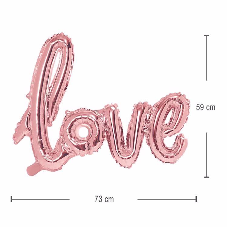 Love Folienballon Roségold 73 cm Metallic Schriftzug Deko Hochzeit Valentinstag Verlobung SALE Ballon Luftballon Party-Deko Maßdarstellung des roségoldenen Love-Folienballons mit einer Größe von etwa 73 x 59 Zentimetern.