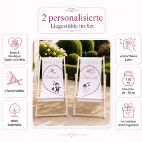 Infografik zu zwei personalisierten Liegestühlen im Set mit Classic Herz-Motiv, Buchenholz und 110 kg Tragkraft.