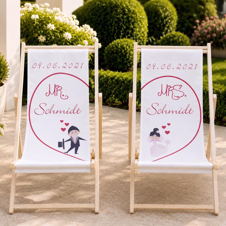 Personalisierte Hochzeits-Liegestühle Mr. & Mrs. mit Wunschname und Hochzeitsdatum individuelles Hochzeitsgeschenk 2 Liegestühle Geschenkidee zur Hochzeit Gastgeschenk Hochzeitsfeier Zwei personalisierte Mr. & Mrs. Liegestühle mit Nachname Schmidt und Hochzeitsdatum auf sonniger Terrasse. Hinweis: KI generiertes Bild