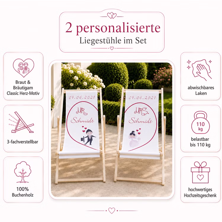 Personalisierte Hochzeits-Liegestühle Mr. & Mrs. mit Wunschname und Hochzeitsdatum individuelles Hochzeitsgeschenk 2 Liegestühle Geschenkidee zur Hochzeit Gastgeschenk Hochzeitsfeier Infografik zu zwei personalisierten Liegestühlen im Set mit Classic Herz-Motiv, Buchenholz und 110 kg Tragkraft.