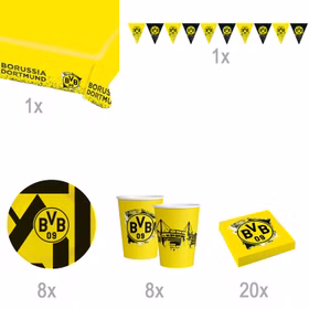 Übersicht BVB 09 Partyset mit Teller, Becher, Servietten und Girlande inklusive Mengenangaben für komplette Partyplanung
