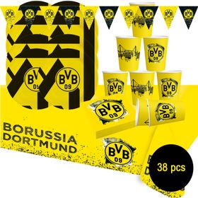 BVB 09 Partyset 38 Teile mit Tellern, Bechern, Servietten und Wimpelkette, ideal für Kindergeburtstag und Fußballfans