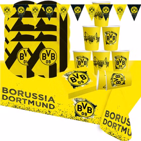 Borussia Dortmund Partyset mit Tellern, Bechern, Servietten und Girlande, komplette Fan-Deko für Fußballparty