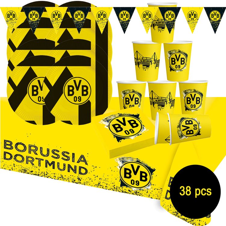 BVB Borussia Dortmund Party-Set schwarz-gelb, 38-tlg. BVB 09 Partyset 38 Teile mit Tellern, Bechern, Servietten und Wimpelkette, ideal für Kindergeburtstag und Fußballfans