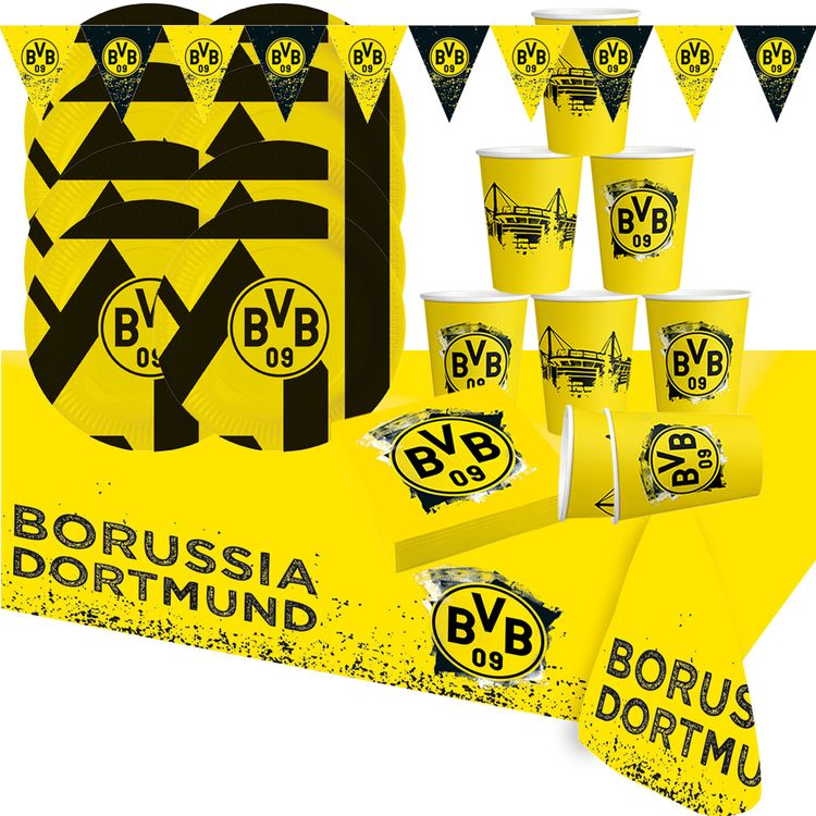 BVB Borussia Dortmund Party-Set schwarz-gelb, 38-tlg. BVB 09 Partyset 38 Teile mit Tellern, Bechern, Servietten und Wimpelkette, ideal für Kindergeburtstag und Fußballfans