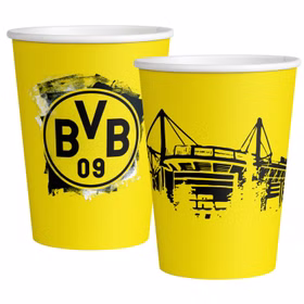 Gelbe BVB 09 Partybecher im Set mit Stadionmotiv und Vereinslogo, perfekt für Fußballgeburtstag und Fanfeier.