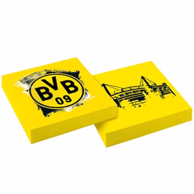 Gelbe Borussia Dortmund Servietten mit BVB 09 Logo und Stadiondesign, ideal für Party, Geburtstag und Fußballabend.