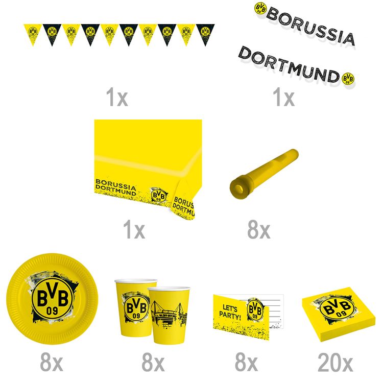 XXL BVB Borussia Dortmund Party-Set schwarz-gelb Fußball 55 Teile Partygeschirr Luftballons Party-Deko Party-Zubehör