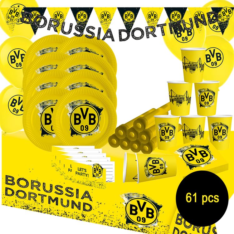 XXL BVB Borussia Dortmund Party-Set schwarz-gelb Fußball 61 Teile Partygeschirr Luftballons