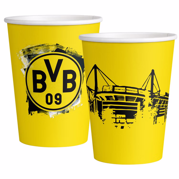 XXL BVB Borussia Dortmund Party-Set schwarz-gelb Fußball 61 Teile Partygeschirr Luftballons Party-Deko Party-Zubehör Gelbe BVB 09 Partybecher im Set mit Stadionmotiv und Vereinslogo, perfekt für Fußballgeburtstag und Fanfeier.
