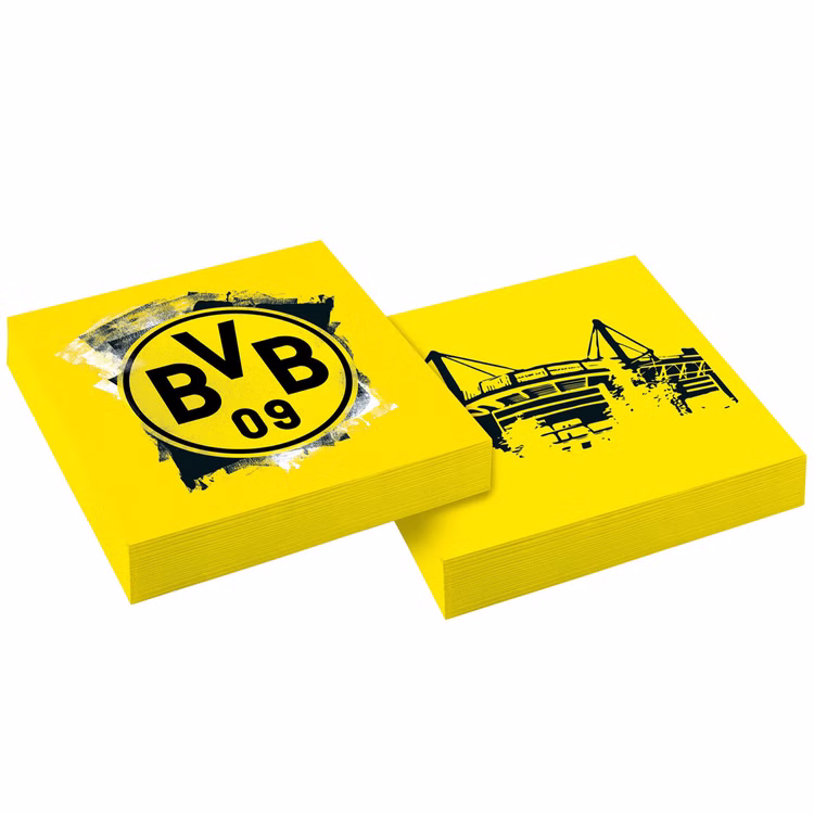 XXL BVB Borussia Dortmund Party-Set schwarz-gelb Fußball 61 Teile Partygeschirr Luftballons Party-Deko Party-Zubehör Gelbe Borussia Dortmund Servietten mit BVB 09 Logo und Stadiondesign, ideal für Party, Geburtstag und Fußballabend.
