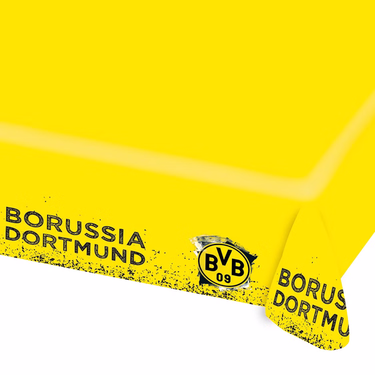 XXL BVB Borussia Dortmund Party-Set schwarz-gelb Fußball 61 Teile Partygeschirr Luftballons Party-Deko Party-Zubehör Gelbe Borussia Dortmund Tischdecke mit BVB 09 Logo und Schriftzug, ideal für Fußballpartys und Fan-Dekoration.