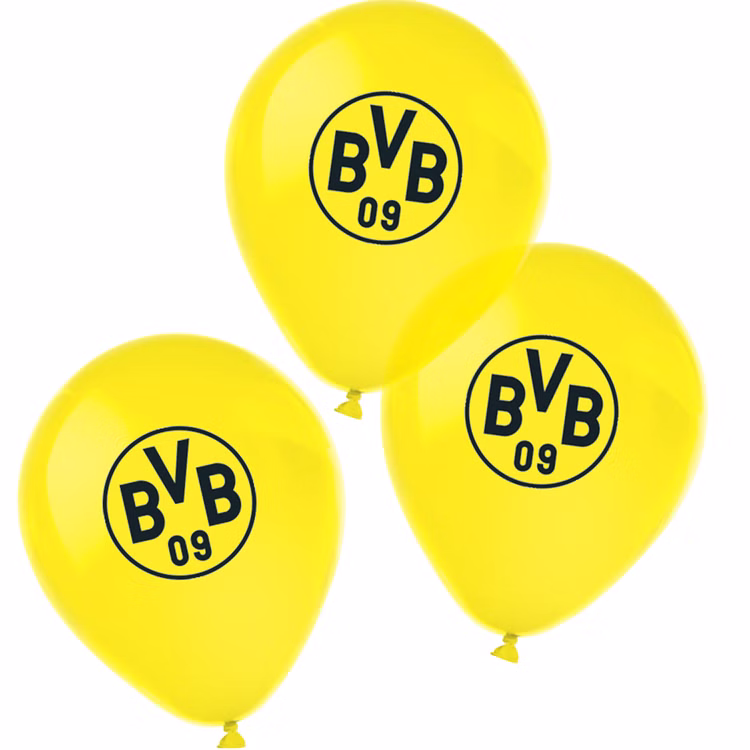 XXL BVB Borussia Dortmund Party-Set schwarz-gelb Fußball 61 Teile Partygeschirr Luftballons Party-Deko Party-Zubehör BVB 09 Luftballons in Gelb mit schwarzem Vereinslogo, dekorative Ballons für Fußballparty und Fan-Deko.