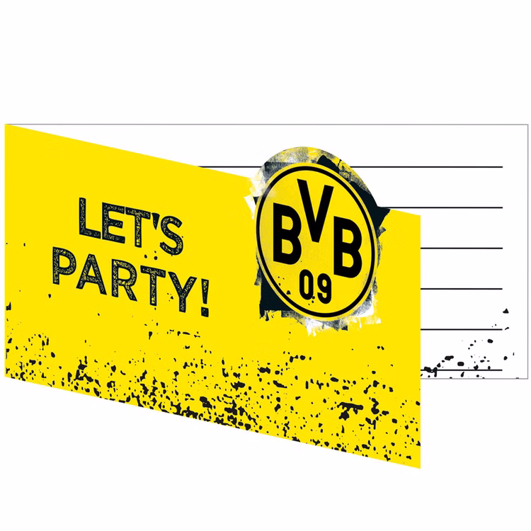 XXL BVB Borussia Dortmund Party-Set schwarz-gelb Fußball 61 Teile Partygeschirr Luftballons Party-Deko Party-Zubehör BVB 09 Einladungskarten in Gelb-Schwarz mit Vereinslogo.