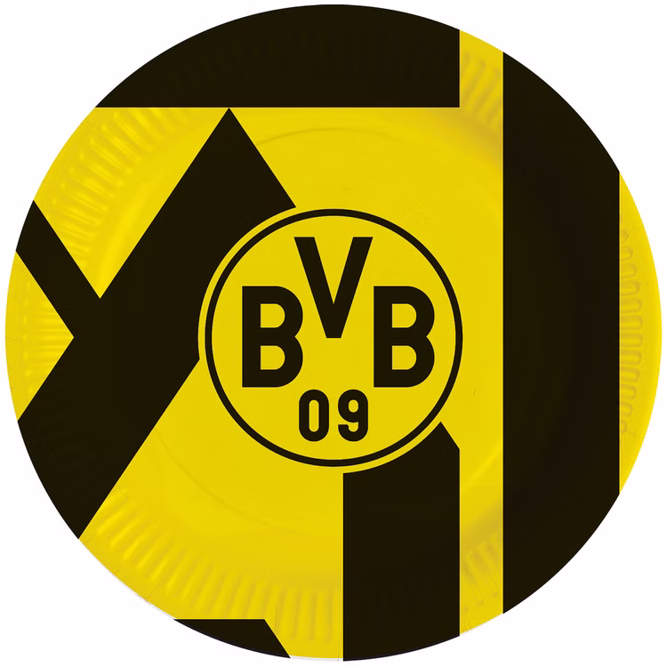 XXL BVB Borussia Dortmund Party-Set schwarz-gelb Fußball 61 Teile Partygeschirr Luftballons Party-Deko Party-Zubehör Gelber Borussia Dortmund Pappteller mit BVB 09 Logo und modernem Streifendesign, stabil und perfekt für Partys.