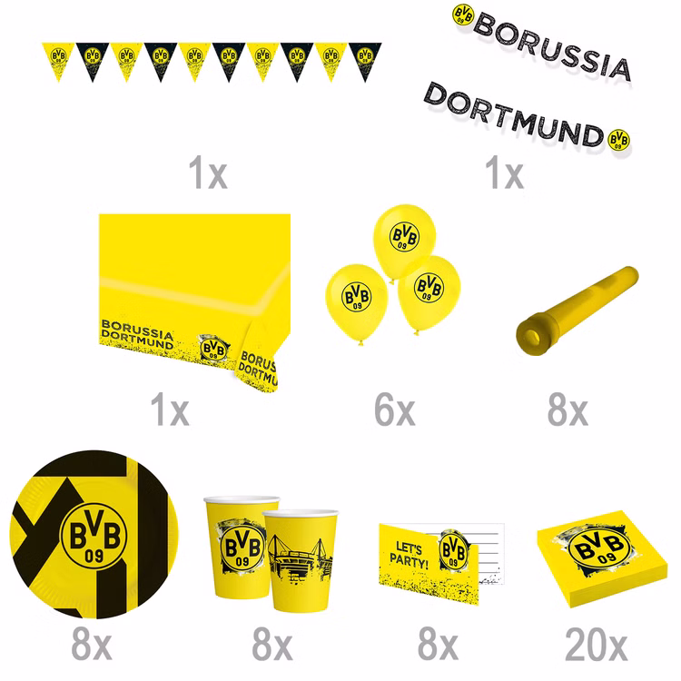 XXL BVB Borussia Dortmund Party-Set schwarz-gelb Fußball 61 Teile Partygeschirr Luftballons Party-Deko Party-Zubehör Übersicht BVB 09 Partyset inklusive Mengenangaben für komplette Partyplanung.