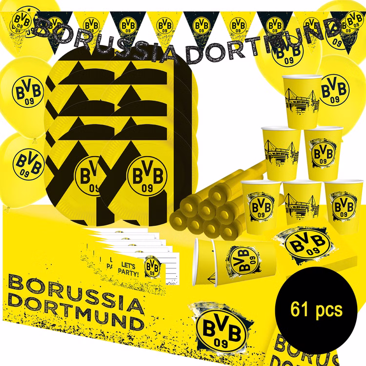 XXL BVB Borussia Dortmund Party-Set schwarz-gelb Fußball 61 Teile Partygeschirr Luftballons Party-Deko Party-Zubehör BVB 09 Partyset 61 Teile mit Tellern, Bechern, Servietten Luftballons, Banner, Einladungskarten, Knicklichtern und Wimpelkette, ideal für Kindergeburtstag und Fußballfans.