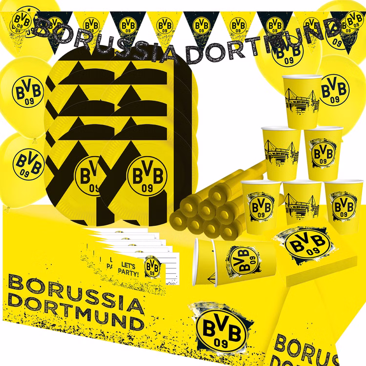 XXL BVB Borussia Dortmund Party-Set schwarz-gelb Fußball 61 Teile Partygeschirr Luftballons Party-Deko Party-Zubehör Borussia Dortmund Partyset komplette Fan-Deko für Fußballparty.