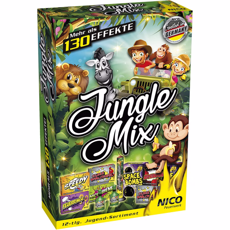 Jungle Mix - Jugendfeuerwerk - 12-teiliges Set der Kategorie 1 Jungle Mix - Jugendfeuerwerk - 12-teiliges Set der Kategorie 1