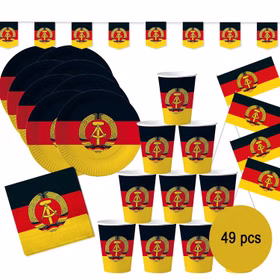 DDR Party-Set Deko für 8 Personen 49-tlg. Pappgeschirr Mottoparty Nostalgie schwarz rot gold Ostalgie Andere Länder