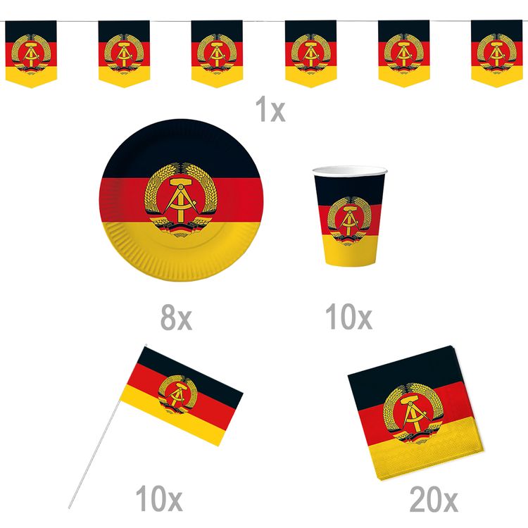 DDR Party-Set Tisch-Deko für 8 Personen 49-tlg. Party-Deko DDR Party-Set Deko für 8 Personen 49-tlg. Pappgeschirr Mottoparty Nostalgie schwarz rot gold Ostalgie Andere Länder