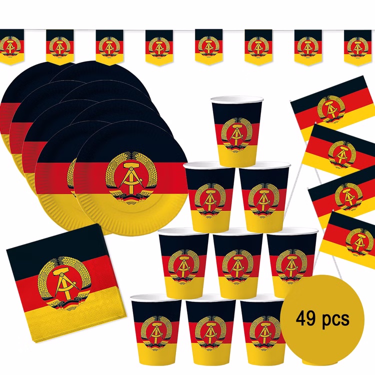 DDR Party-Set Deko für 8 Personen 49-tlg. Pappgeschirr Mottoparty Nostalgie schwarz rot gold Ostalgie Andere Länder DDR Party-Set Deko für 8 Personen 49-tlg. Pappgeschirr Mottoparty Nostalgie schwarz rot gold Ostalgie Andere Länder