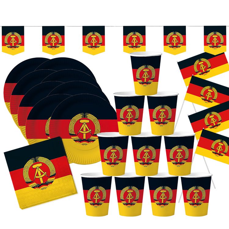 DDR Party-Set Tisch-Deko für 8 Personen 49-tlg. Party-Deko DDR Party-Set Deko für 8 Personen 49-tlg. Pappgeschirr Mottoparty Nostalgie schwarz rot gold Ostalgie Andere Länder