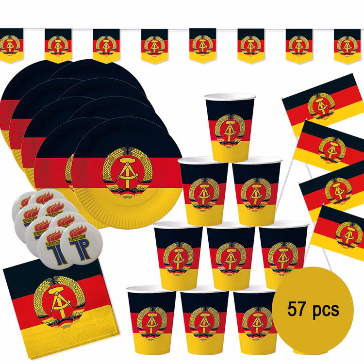 XXL DDR Party-Set Deko für 8 Personen 57-tlg. Pappgeschirr Mottoparty Nostalgie schwarz rot gold Ostalgie Andere Länder XXL DDR Party-Set Deko für 8 Personen 57-tlg. Pappgeschirr Mottoparty Nostalgie schwarz rot gold Ostalgie Andere Länder
