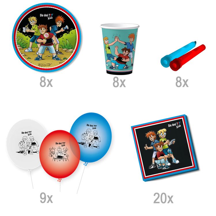 Die drei ??? Kids Party-Set Kindergeburtstag 8 Kinder 53-tlg. Party-Deko Die drei ??? Kids Party-Set Kindergeburtstag 8 Kinder 53-tlg. Pappgeschirr Mottoparty Tischdeko Luftballons Deko Die drei Fragezeichen Zubehör
