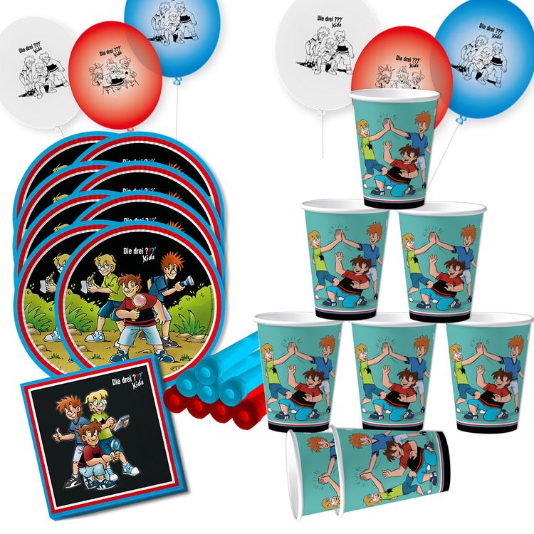 Die drei ??? Kids Party-Set Kindergeburtstag 8 Kinder 53-tlg. Party-Deko Die drei ??? Kids Party-Set Kindergeburtstag 8 Kinder 53-tlg. Pappgeschirr Mottoparty Tischdeko Luftballons Deko Die drei Fragezeichen Zubehör