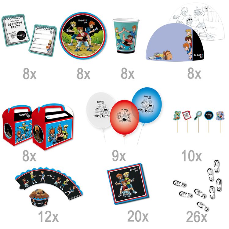 XXL Die drei ??? Kids Party-Set Kindergeburtstag für 8 Kinder, 117-tlg. XXL Die drei ??? Kids Party-Set Kindergeburtstag 8 Kinder 117 Teile Pappgeschirr Mottoparty Tischdeko Luftballons Deko Die drei Fragezeichen Zubehör