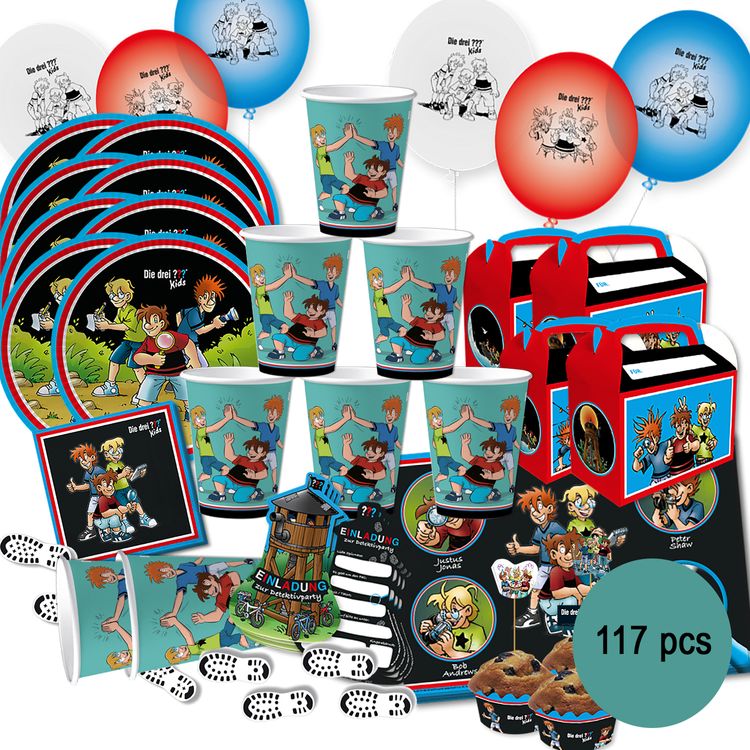 XXL Die drei ??? Kids Party-Set Kindergeburtstag 8 Kinder 117 Teile Pappgeschirr Mottoparty Tischdeko Luftballons Deko Die drei Fragezeichen Zubehör