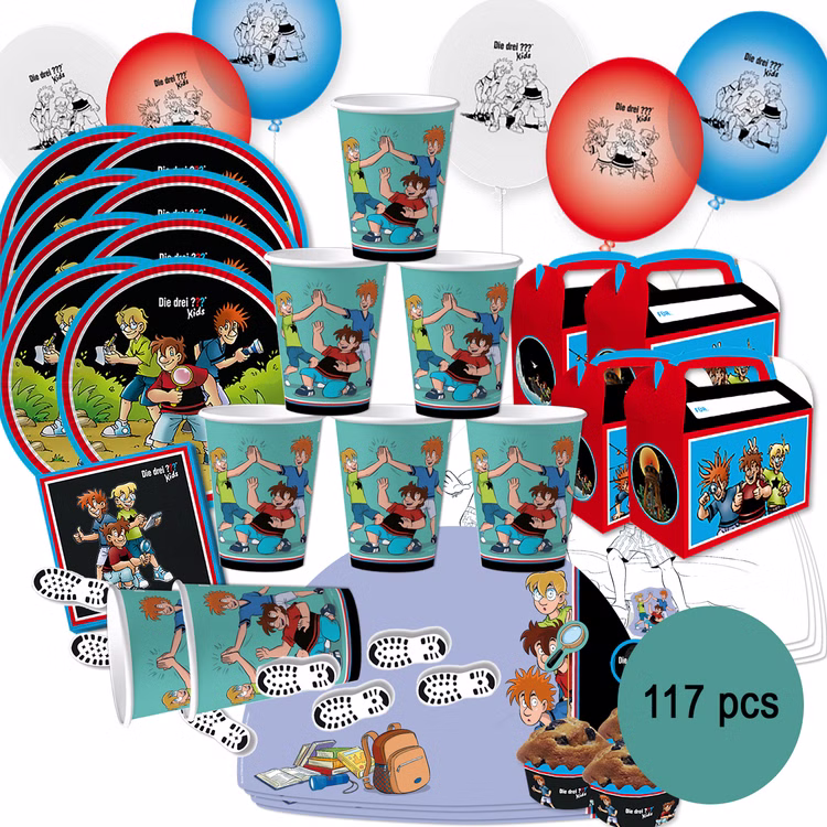 XXL Die drei ??? Kids Party-Set Kindergeburtstag 8 Kinder 117 Teile Pappgeschirr Mottoparty Tischdeko Luftballons Deko Die drei Fragezeichen Zubehör XXL Die drei ??? Kids Party-Set Kindergeburtstag 8 Kinder 117 Teile Pappgeschirr Mottoparty Tischdeko Luftballons Deko Die drei Fragezeichen Zubehör