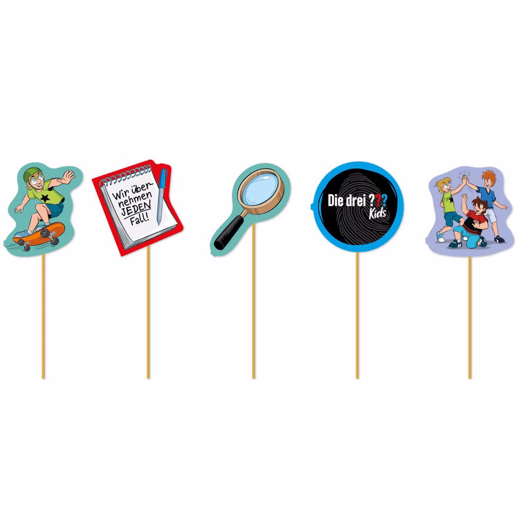 XXL Die drei ??? Kids Party-Set Kindergeburtstag 8 Kinder 117 Teile Pappgeschirr Mottoparty Tischdeko Luftballons Deko Die drei Fragezeichen Zubehör Muffinpicker für Cupcakes und Kuchen