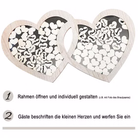 Gästebuch Hochzeit Holz Doppelherz Bilderrahmen mit 85 Herzen zum Beschriften personalisierte Geschenkidee Hochzeit Geburtstag Brautpaar Bilderrahmen Hochzeitsfeier