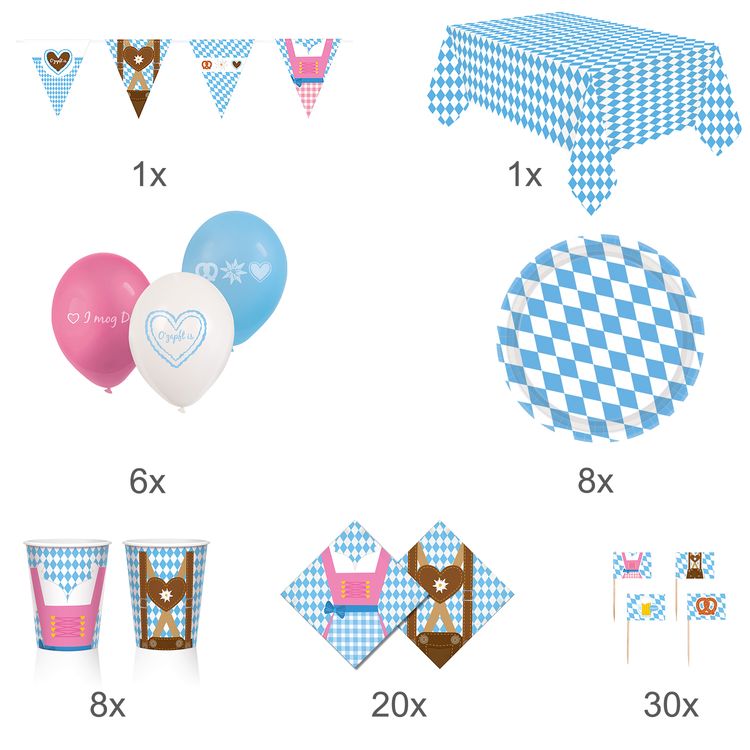 Oktoberfest Party-Set O zapft is Bierfest 74-tlg. Deko Party-Zubehör Oktoberfest Party-Set O zapft is Bierfest Deko 74-tlg. Pappgeschirr Tischdeko Luftballons Partygeschirr Mottoparty weiß-blau Bayern Bavaria