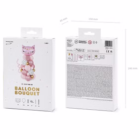 Verpackung der Katzen-Ballongirlande mit Produktabbildung sowie Rückseite mit Inhaltsübersicht und Maßangaben.