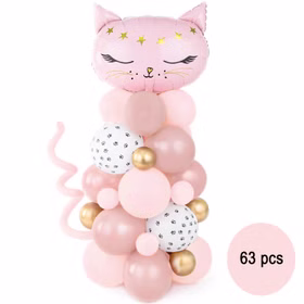 Rosa Katzen-Ballongirlande mit niedlichem Katzenkopf, goldenen Sternen und Ballons in Rosa, Weiß und Gold als Kindergeburtstagsdekoration.