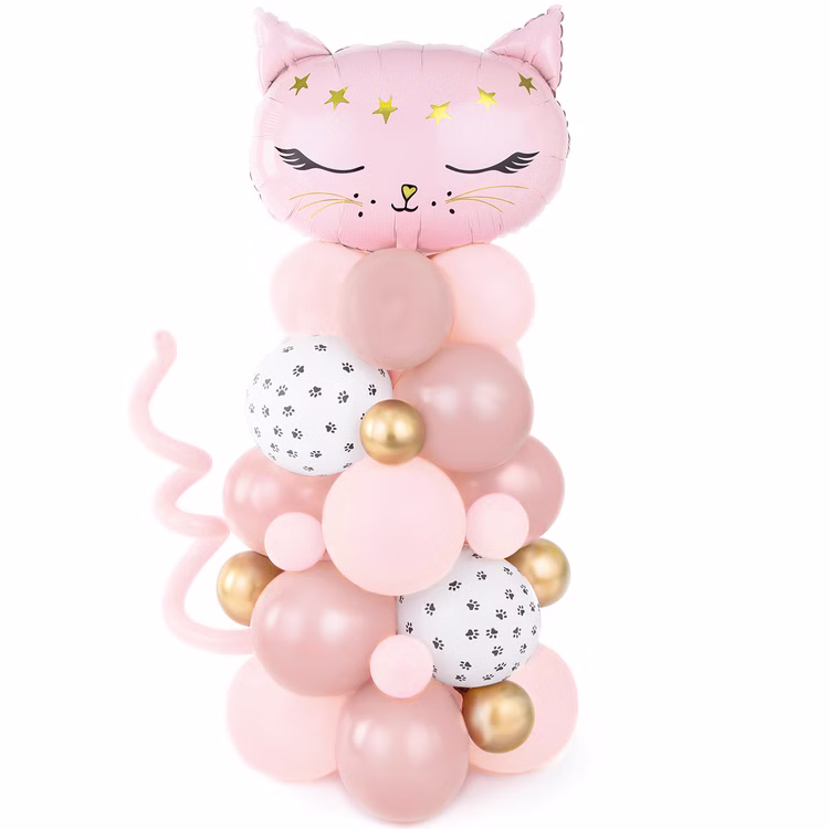Katzen Ballongirlande Rosa 63-tlg. 83x140 cm Geburtstagsdeko Kinder Geburtstag Party-Deko Ballon Dekoration Kinder-Geburtstag Mottoparty Katzen-Ballon Bouquet Fertig aufgebaute Ballongirlande in Katzenform mit rosa Ballons, Pfotenmotiven und goldenen Akzenten als Partydekoration.