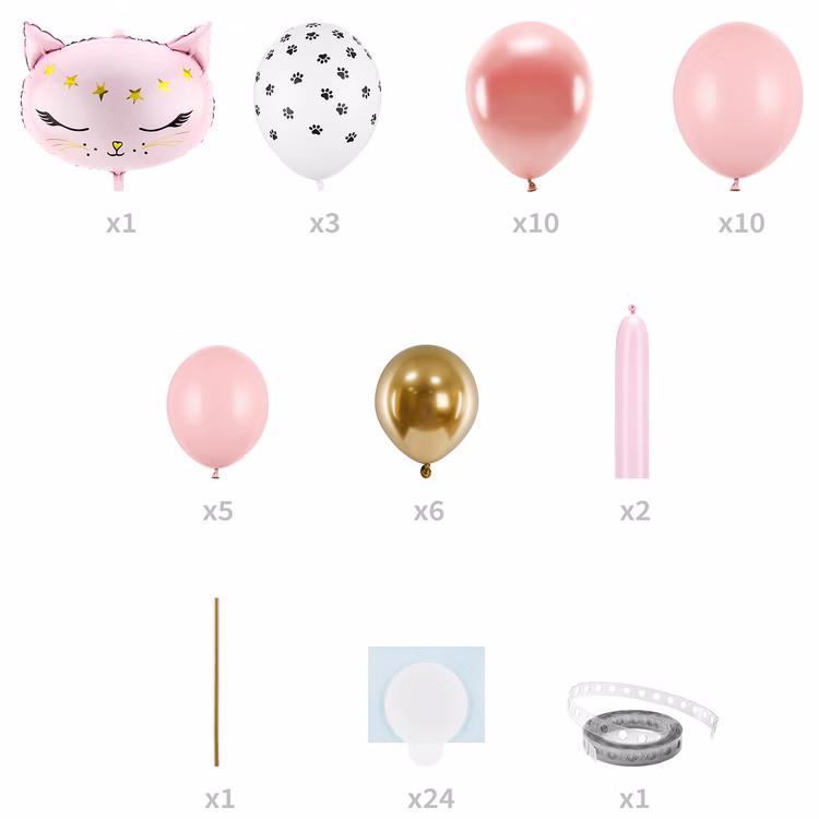 Katzen Ballongirlande Rosa 63-tlg. 83x140 cm Geburtstagsdeko Kinder Geburtstag Party-Deko Ballon Dekoration Kinder-Geburtstag Mottoparty Katzen-Ballon Bouquet Lieferumfang der Katzen-Ballongirlande mit Katzenkopf-Folienballon, Latexballons, Modellierballons, Klebepunkten und Zubehör im Überblick.