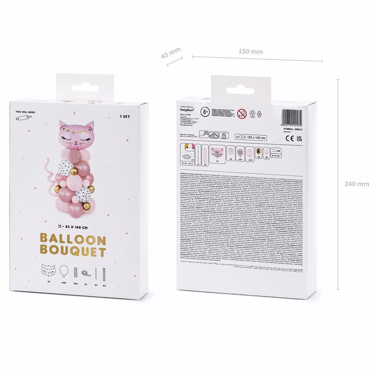 Katzen Ballongirlande Rosa 63-tlg. 83x140 cm Geburtstagsdeko Kinder Geburtstag Party-Deko Ballon Dekoration Kinder-Geburtstag Mottoparty Katzen-Ballon Bouquet Verpackung der Katzen-Ballongirlande mit Produktabbildung sowie Rückseite mit Inhaltsübersicht und Maßangaben.