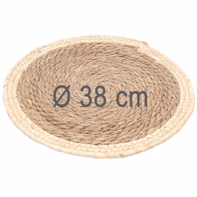 Rundes Stroh-Platzset in Naturfarben mit eingeblendeter Maßangabe von 38 cm Durchmesser zur übersichtlichen Größenangabe.