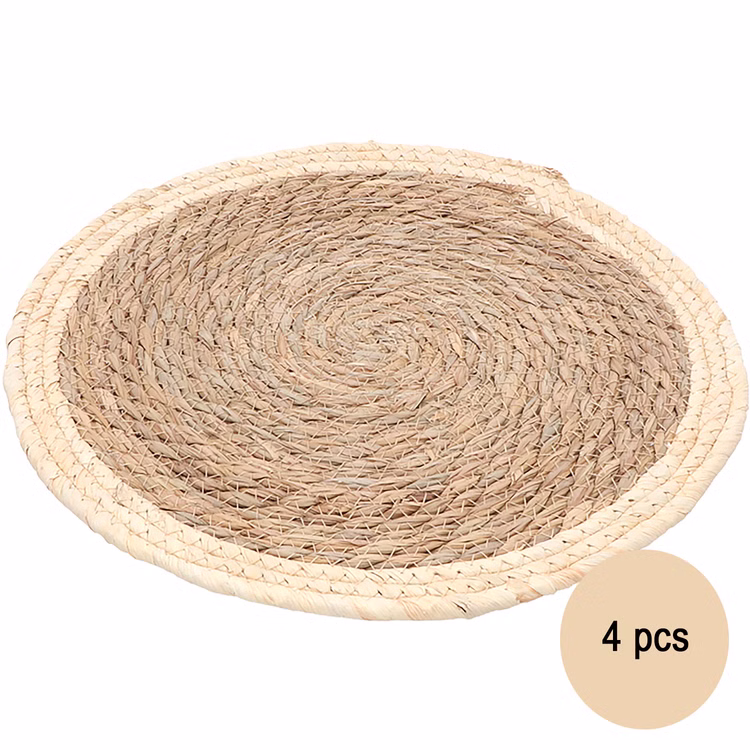 Platzsets Stroh Naturfarben 4er Set Naturfarbenes rundes Platzset aus geflochtenem Stroh mit Kennzeichnung als praktisches 4er-Set für Tischdekorationen.