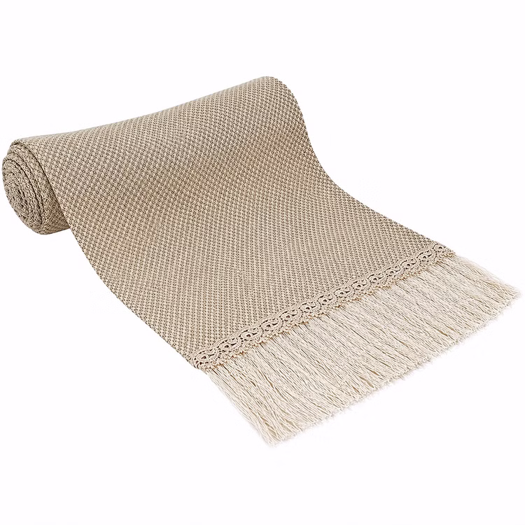 Tischläufer 3 m x 27 cm Beige im Boho-Style mit Stickerei & Fransen Tisch-Deko Hochzeit Geburtstag SALE Sommer-Party Vintage-Style gedeckter Tisch Wohnaccessoire Beiger Tischläufer im Boho-Style mit dekorativer Stickerei und cremefarbenen Fransen auf weißem Hintergrund.