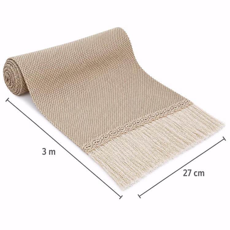 Tischläufer 3 m x 27 cm Beige im Boho-Style mit Stickerei & Fransen Tisch-Deko Hochzeit Geburtstag SALE Sommer-Party Vintage-Style gedeckter Tisch Wohnaccessoire Boho Tischläufer in Beige mit Maßangaben 3 Meter Länge und 27 Zentimeter Breite auf weißem Hintergrund.