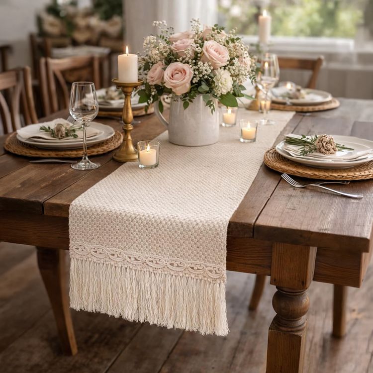 Beiger Tischläufer im Boho-Style mit dekorativer Stickerei und cremefarbenen Fransen auf weißem Hintergrund.