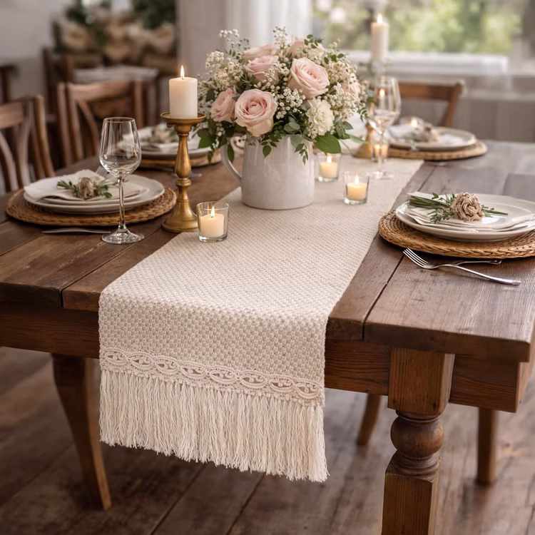 Tischläufer 3 m x 27 cm Beige im Boho-Style mit Stickerei & Fransen Tisch-Deko Hochzeit Geburtstag SALE Sommer-Party Vintage-Style gedeckter Tisch Wohnaccessoire Boho Tischläufer ausgerollt auf rustikalem, gedeckten Holztisch.