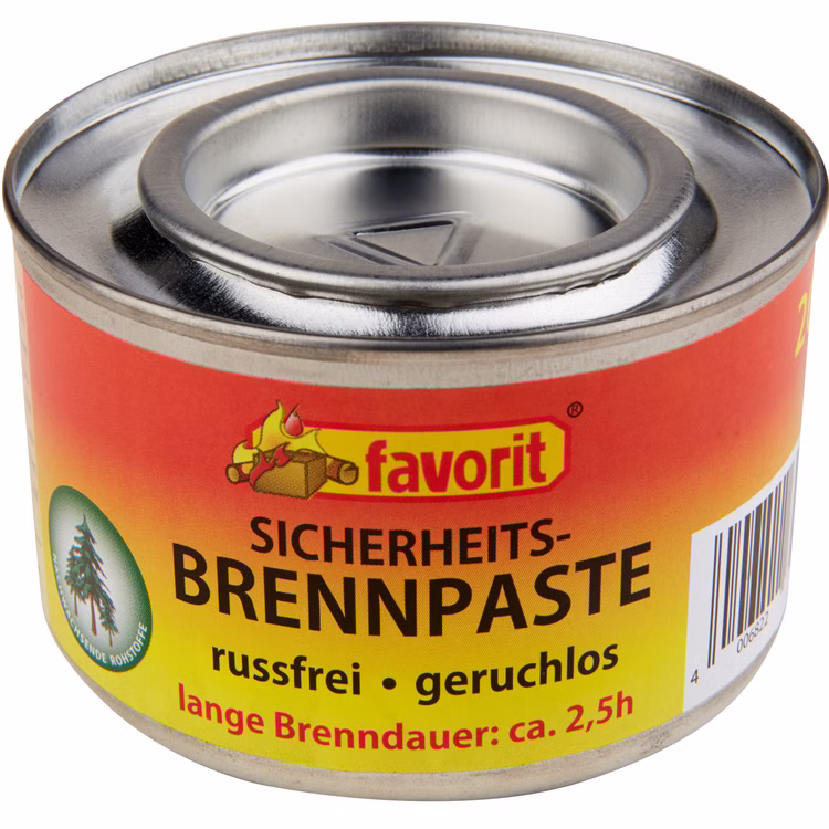 Brennpaste inn der Aludose von Favorit 2,5 Stunden brenndauer, russfrei Brennpaste inn der Aludose von Favorit 2,5 Stunden brenndauer, russfrei